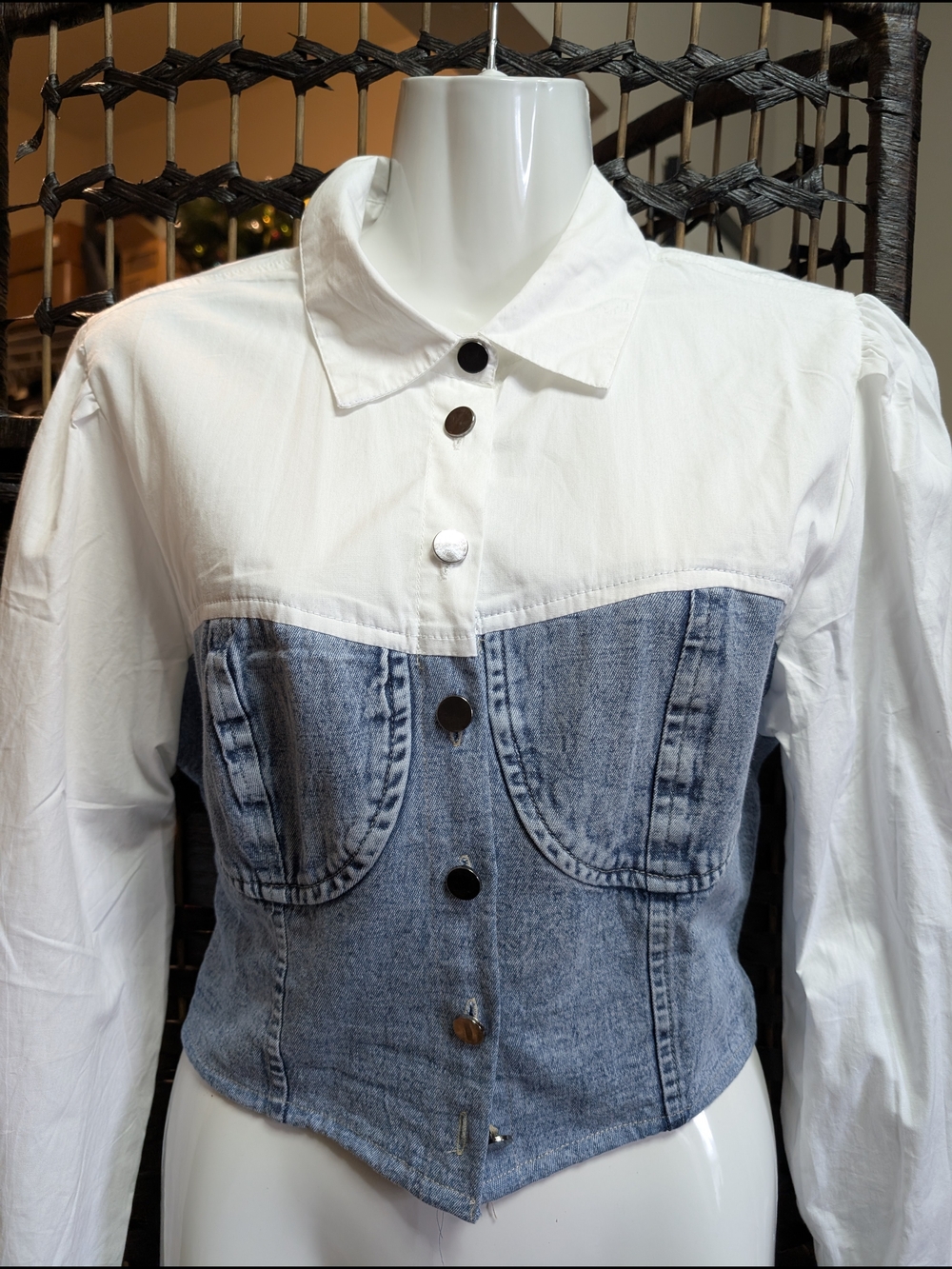 White and Denim Button-Down Corset Shirt
